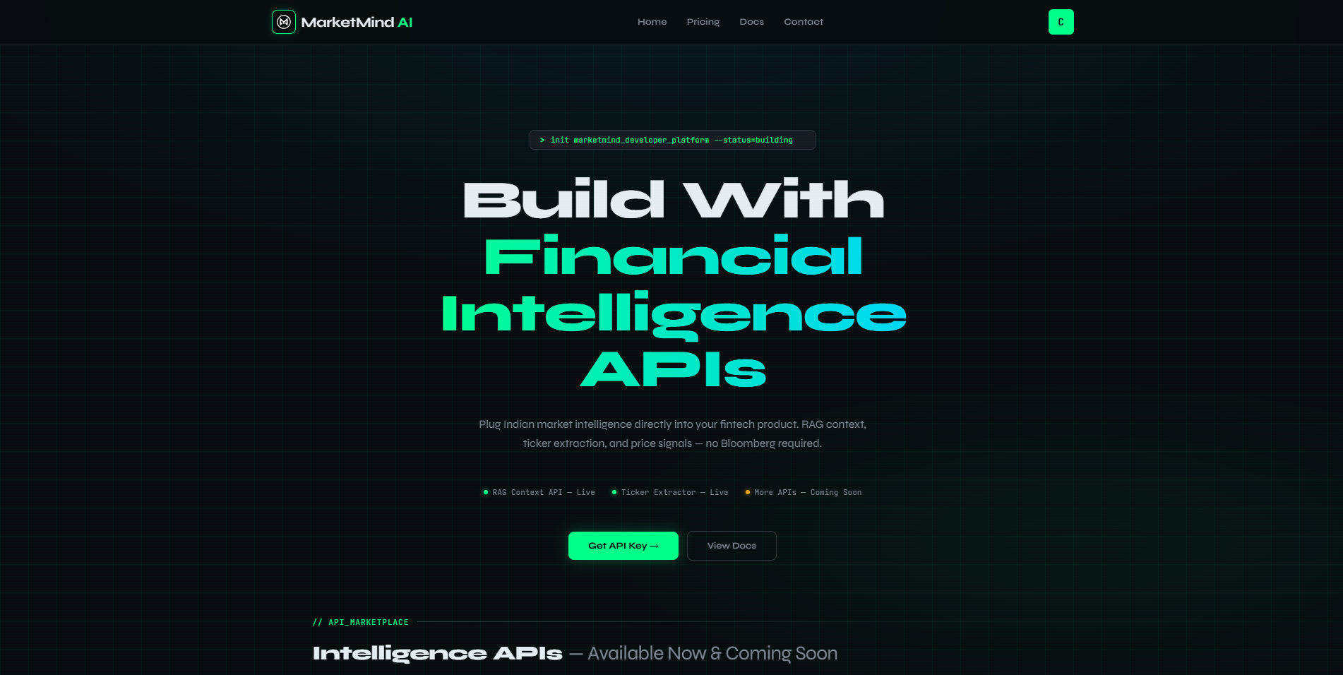 MarketMind developer portal screenshot