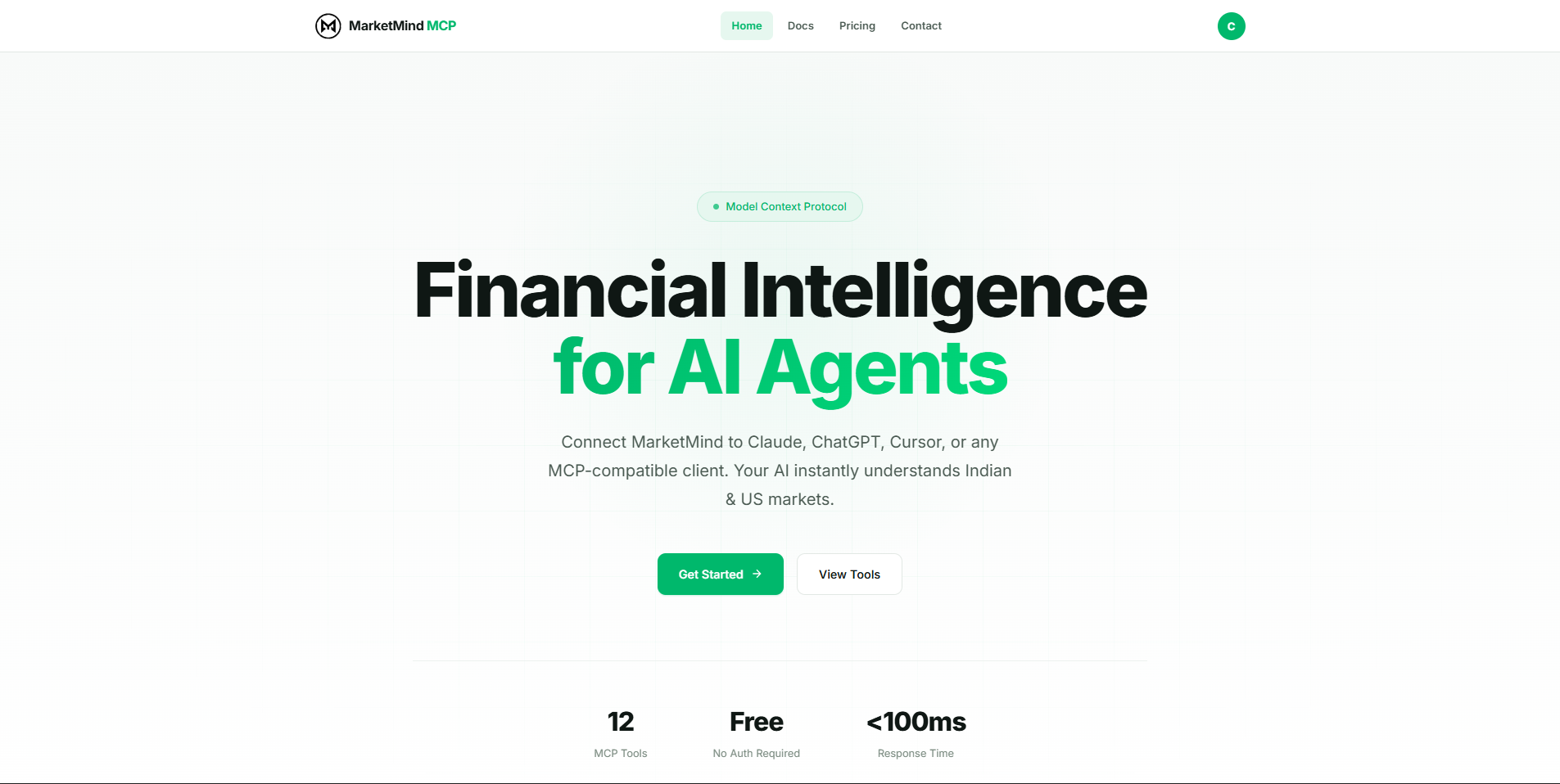 MarketMind MCP website screenshot